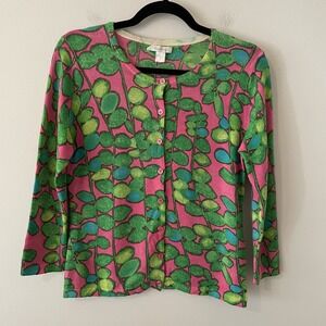 Garnet Hill 100% Merino Wool Floral Cardigan Pink Green Sz M Preppy Luxury Retro